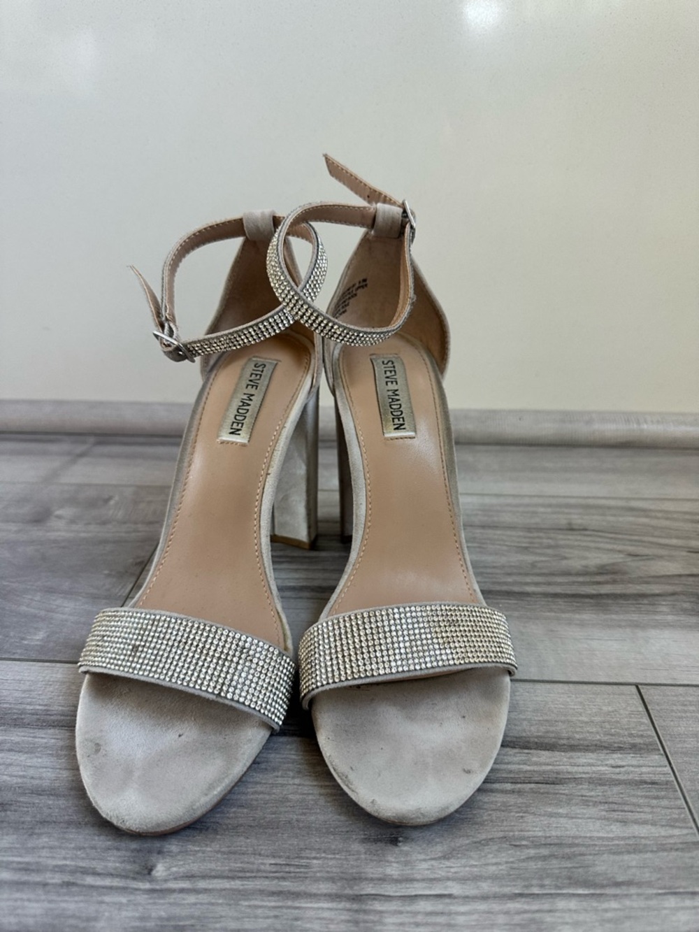 Steve Madden Beige Crystal Ankle-Strap Block Heels